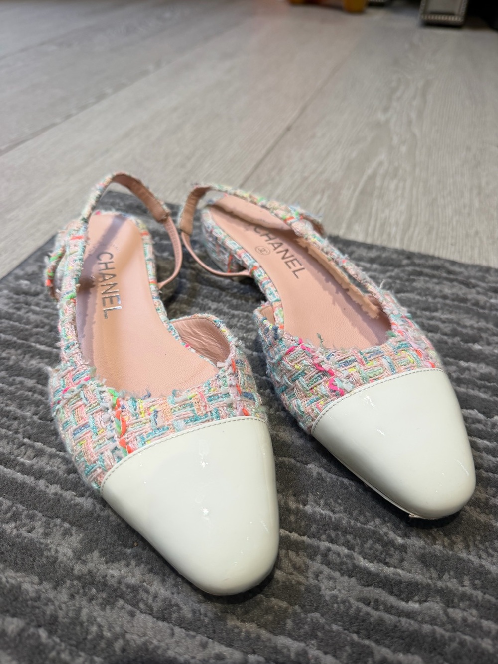CHANEL Multicolor Tweed Slingback Flats with White Patent Toe